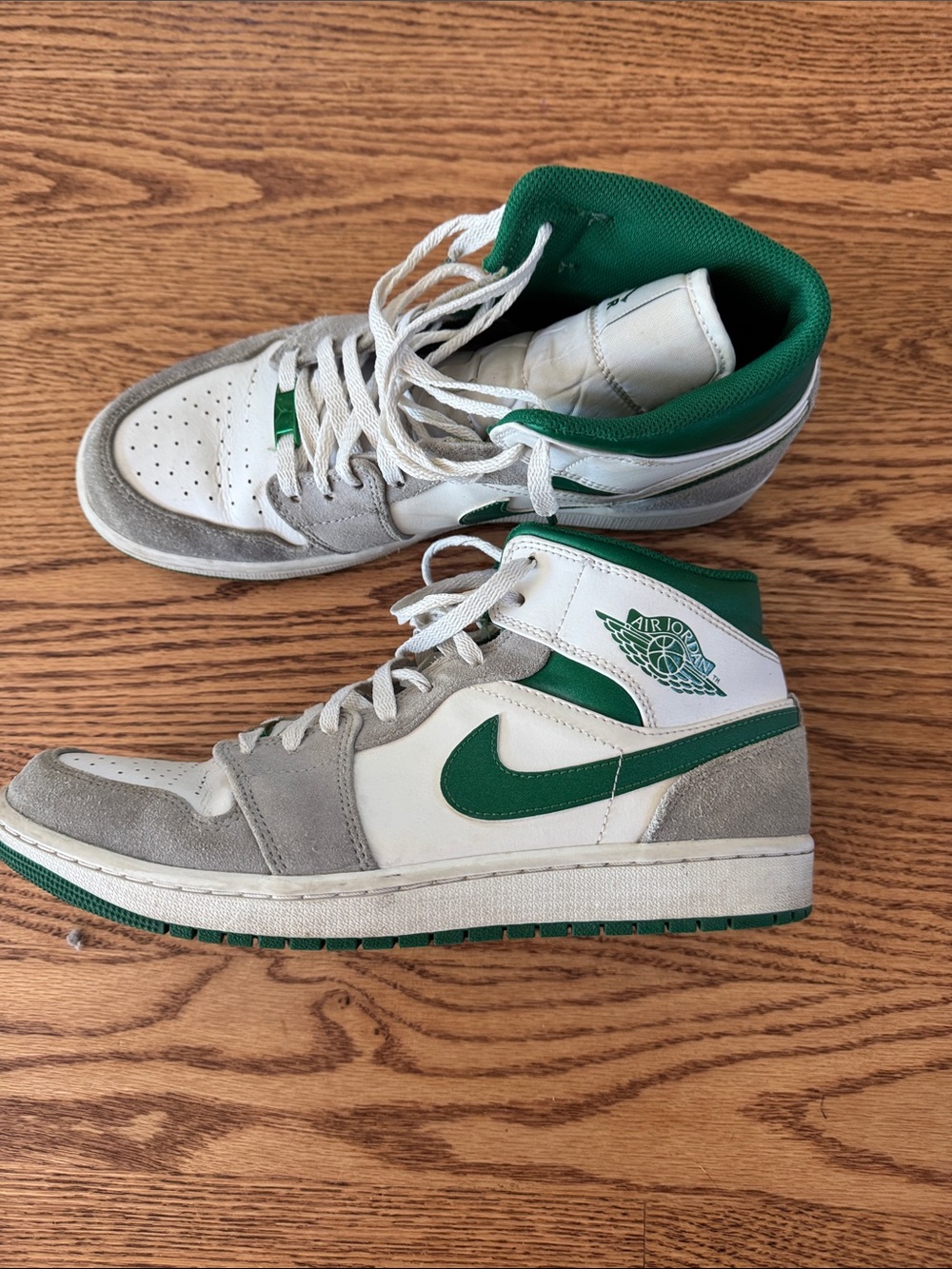Nike White Gray and Green Air Jordan 1 Mid Sneakers